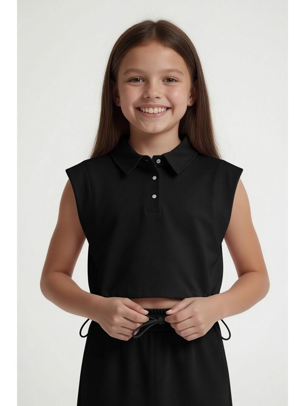 Siyah Sıfır Kol Crop ve Yırtmaç Detaylı Etekli Kız Çocuk Alt Üst Takım 24004-3