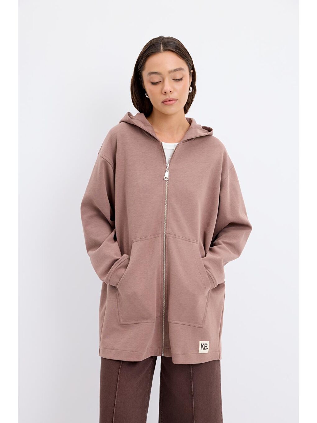 Kahverengi Fermuarlı Kanguru Cepli Kapüşonlu Hırka Tozlu Kahve-2