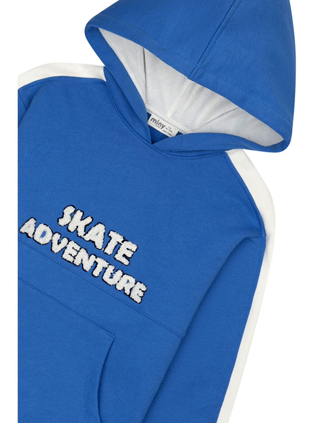 Mavi Kanguru Cepli Nakışlı Kolları Bantlı Kapüşonlu Sweatshirt-3