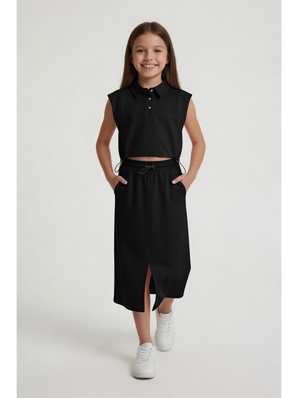 Siyah Sıfır Kol Crop ve Yırtmaç Detaylı Etekli Kız Çocuk Alt Üst Takım 24004-4