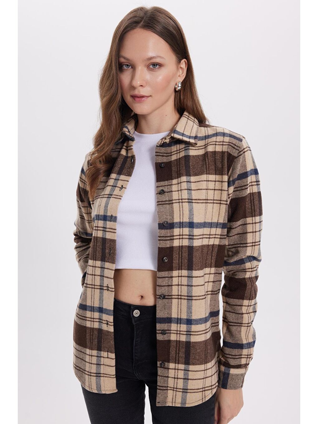 Karışık Kadın Oversize Geniş Kalıp Oduncu Ekose Gömlek