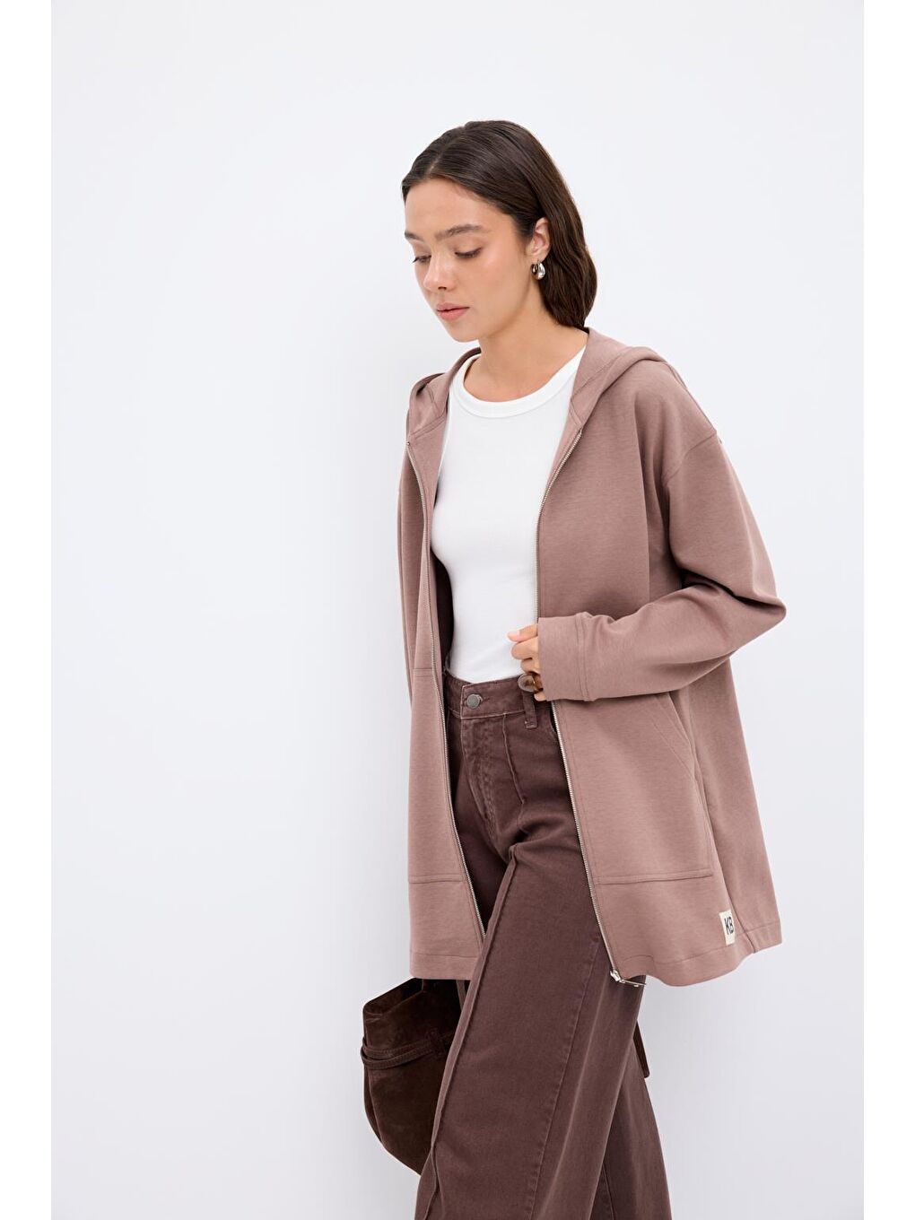 Kahverengi Fermuarlı Kanguru Cepli Kapüşonlu Hırka Tozlu Kahve-3