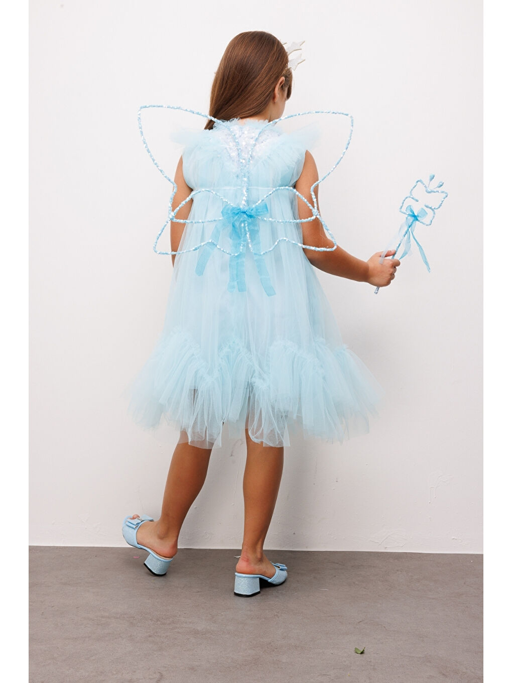 Mavi  Boncuk Detaylı Eteği Zikzaklı Kız Çocuk Elbise - Cherish-3