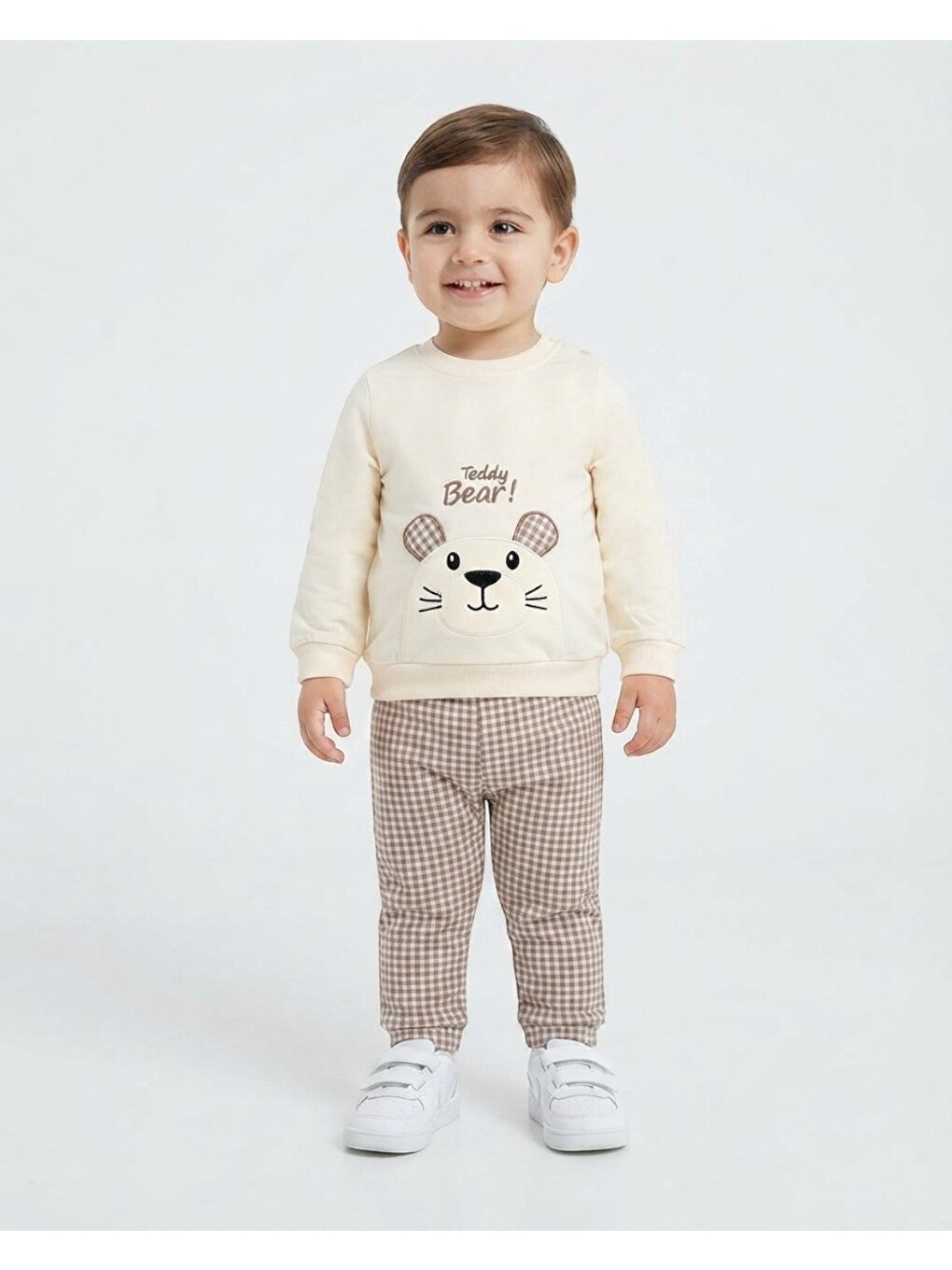Bej Erkek Bebek Mevsimlik Ekoseli Pantolonlu Ayıcık Nakışlı 9-12-18-24-36 Aylık 2 İp Bebek Takımı-1