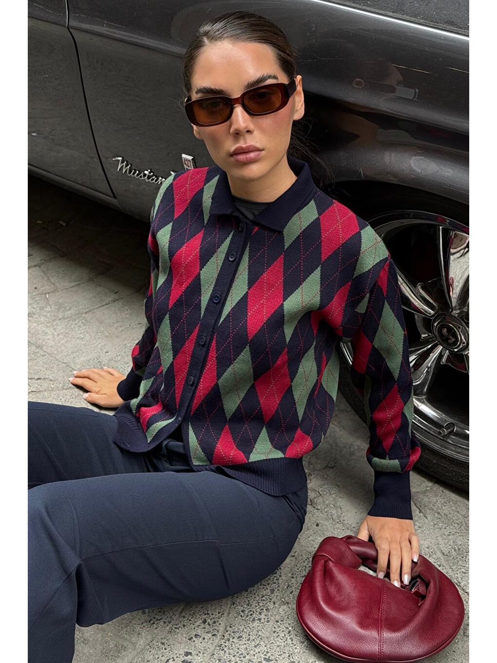 Lacivert Baklava Desenli Polo Yaka Kadın Hırka Mg2478-1