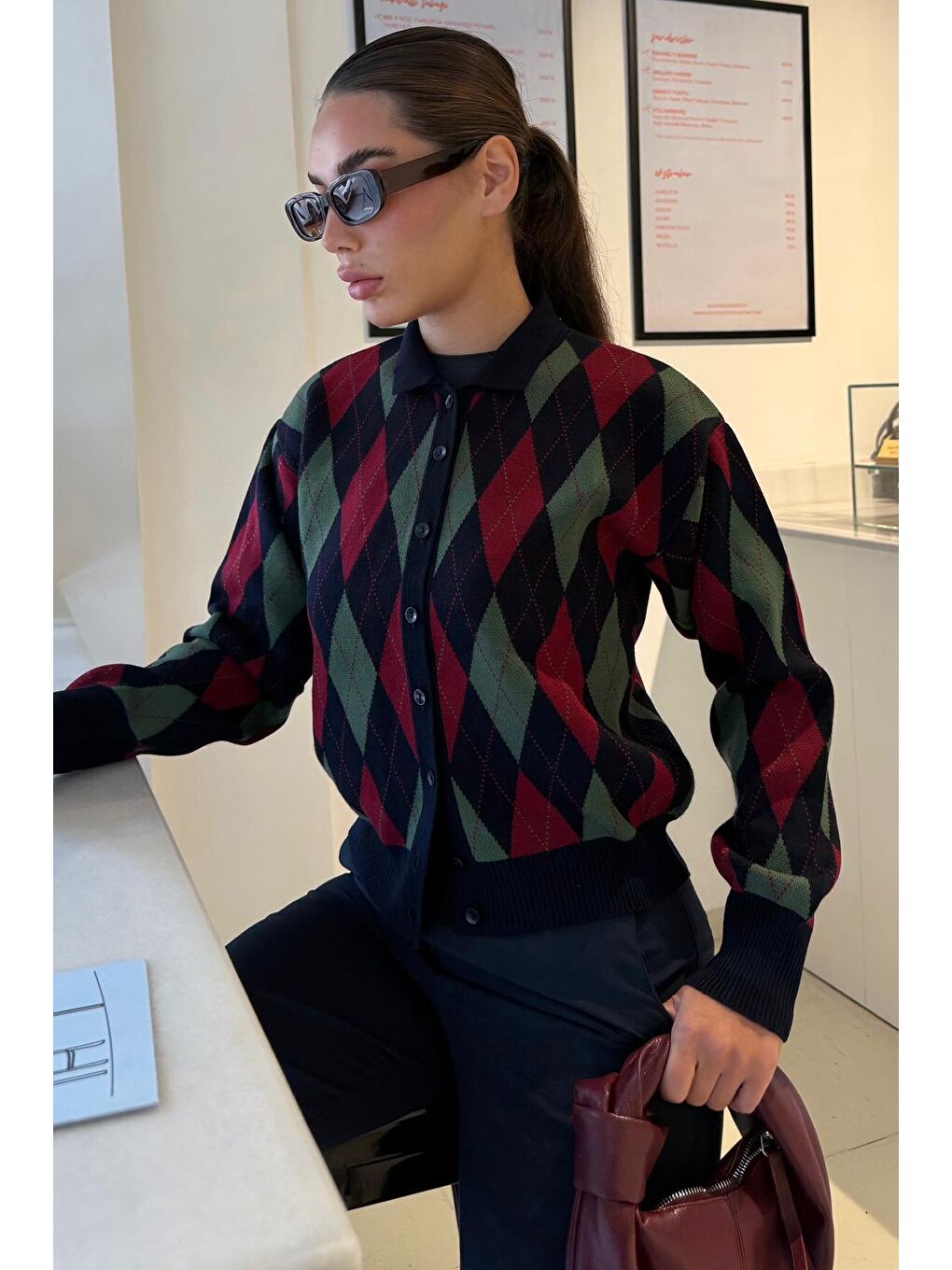 Lacivert Baklava Desenli Polo Yaka Kadın Hırka Mg2478-2