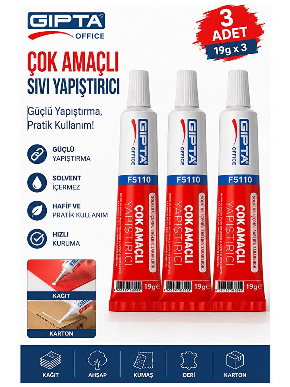 Sıvı Yapıştırıcı 19 Gr Tüp Gıpta Çok Amaçlı Kuvvetli Yapıştırıcı 3 Adet Okul Büro Yapıştırıcısı Kağı