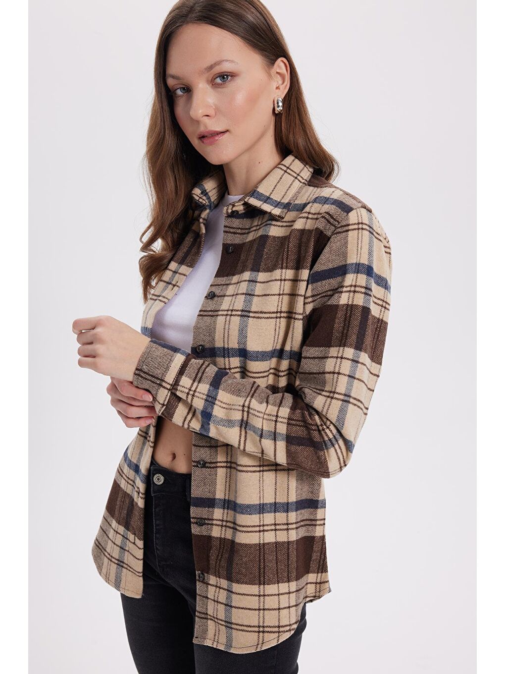 Karışık Kadın Oversize Geniş Kalıp Oduncu Ekose Gömlek-4