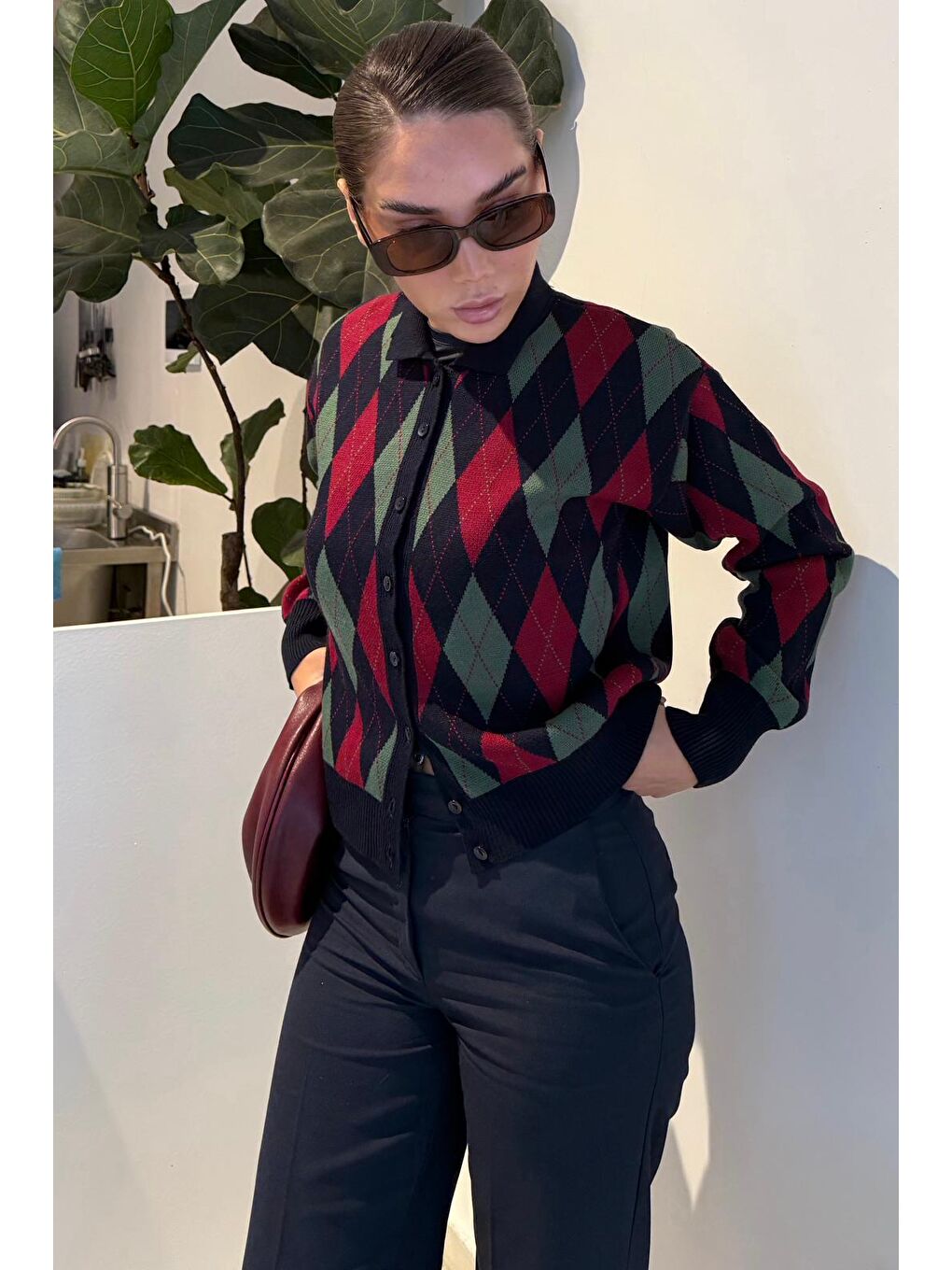 Lacivert Baklava Desenli Polo Yaka Kadın Hırka Mg2478-3