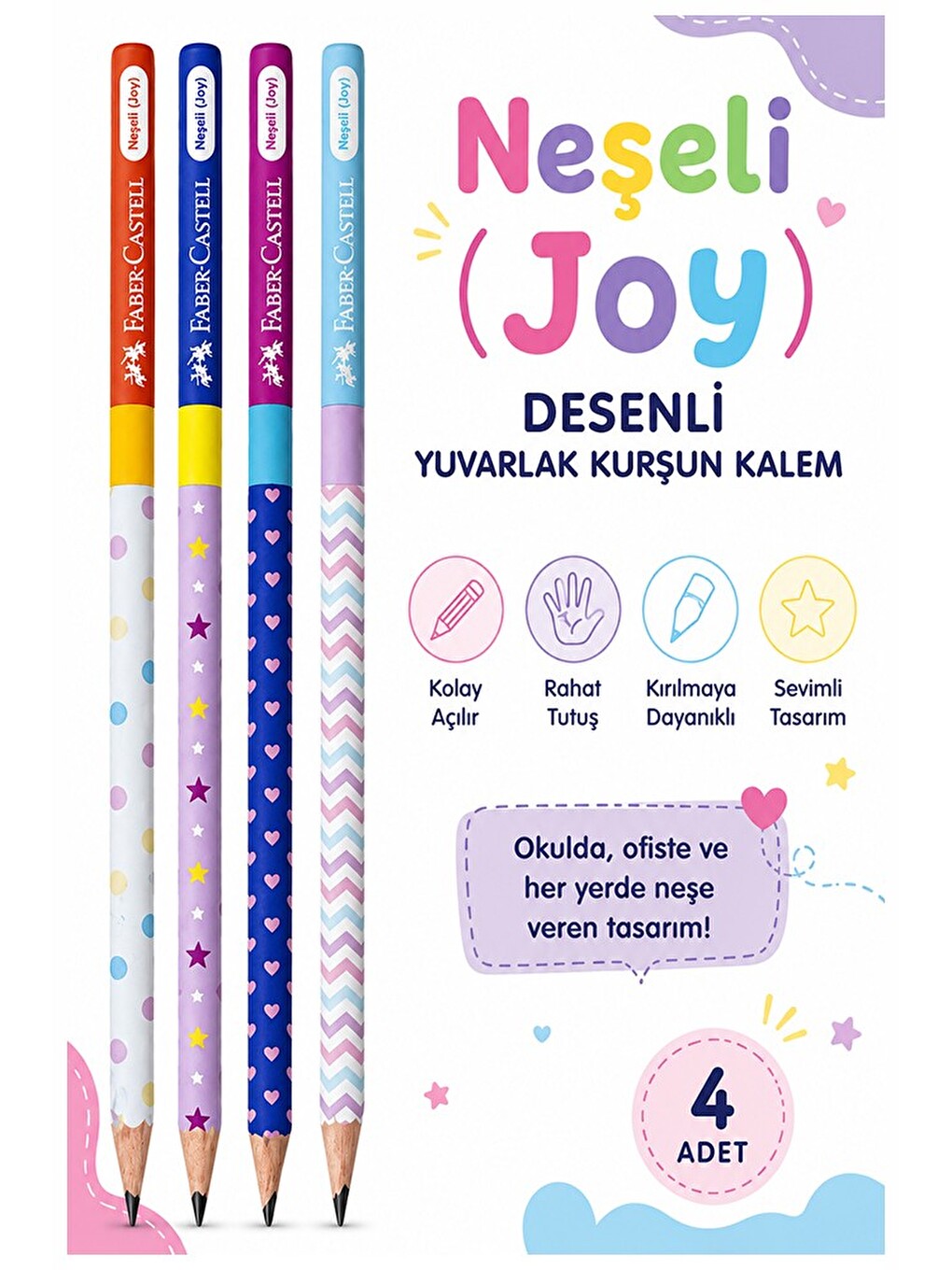 Neşeli Joy Kurşun Kalem 4 Adet Yuvarlak Gövdeli Siyah Kurşun Kalem Yumuşak Yazım