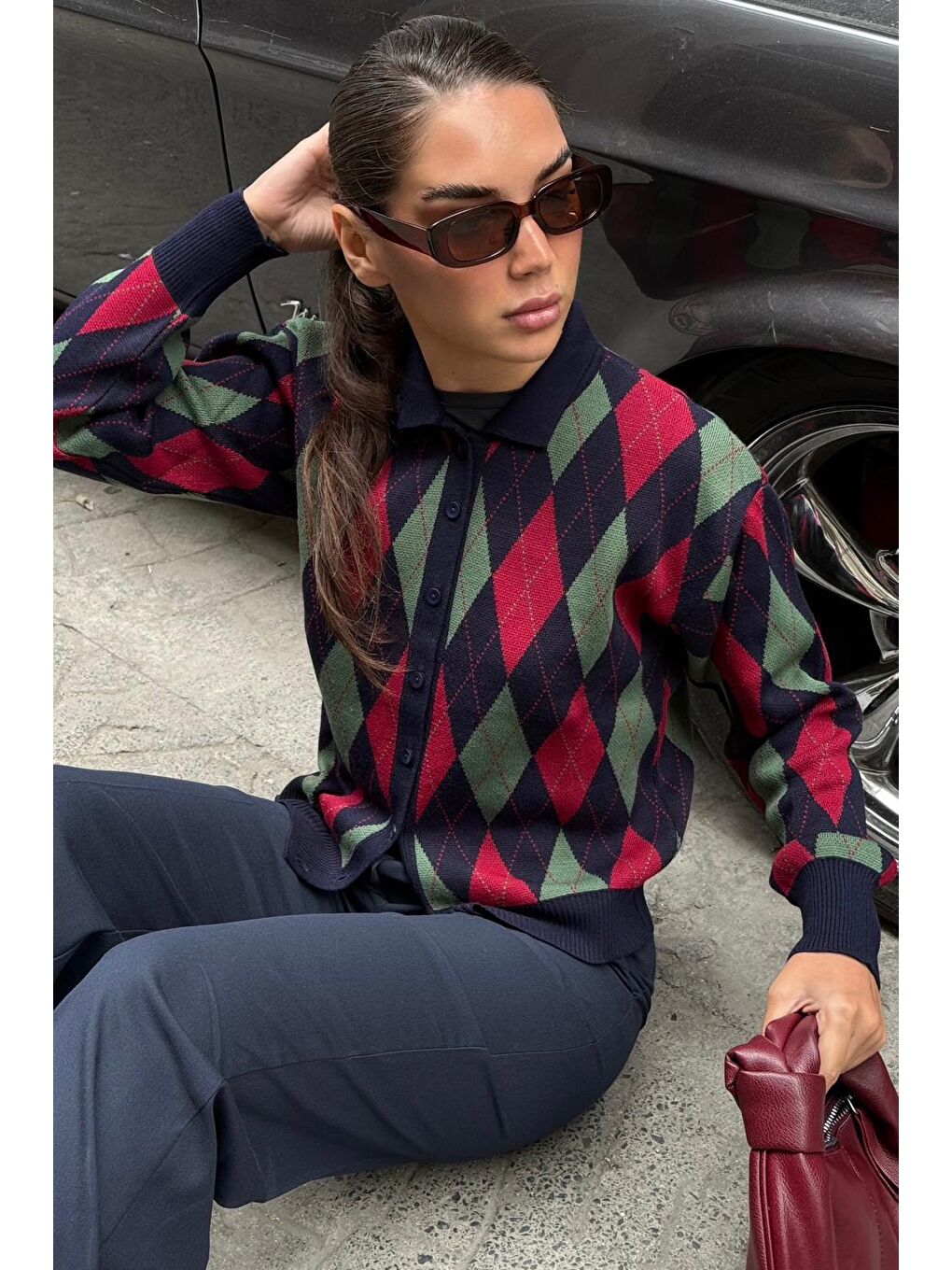 Lacivert Baklava Desenli Polo Yaka Kadın Hırka Mg2478-4