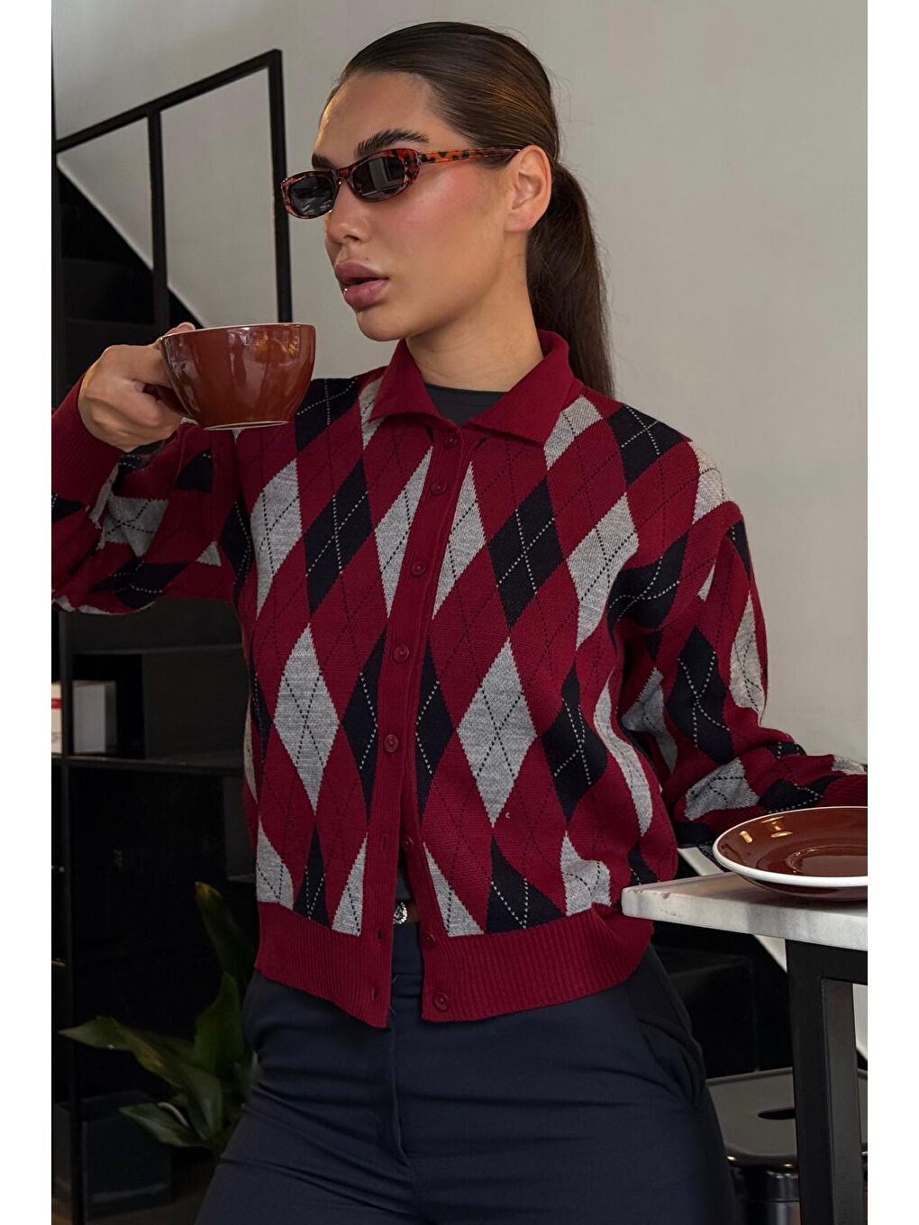 Bordo Baklava Desenli Polo Yaka Kadın Hırka Mg2478-1