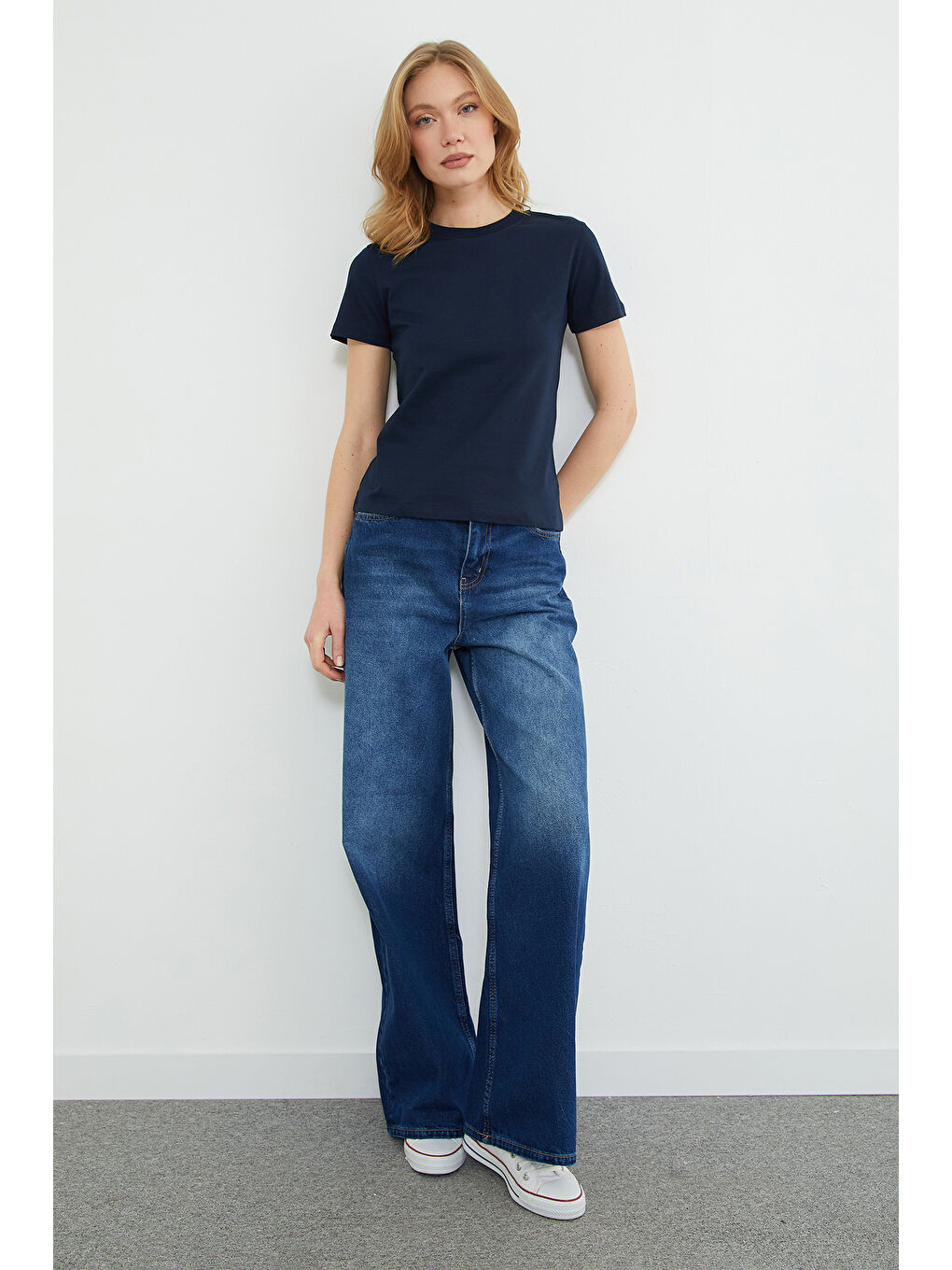 Lacivert Basic Bisiklet Yaka Tişört-2