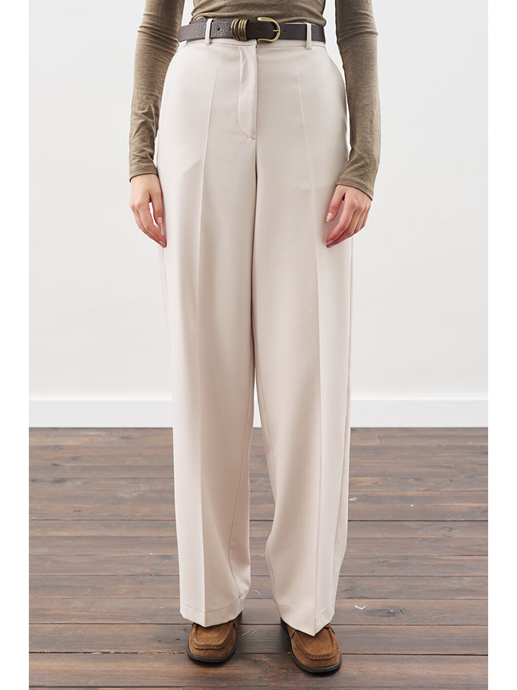 Uzun Paça Straıght Pantolon Bej-3