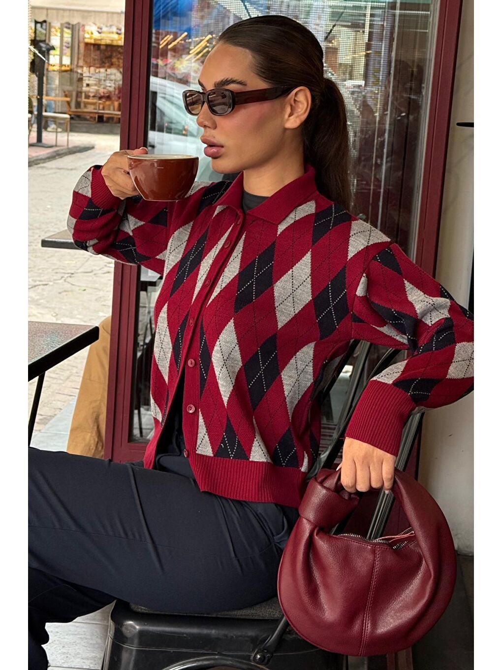 Bordo Baklava Desenli Polo Yaka Kadın Hırka Mg2478-2