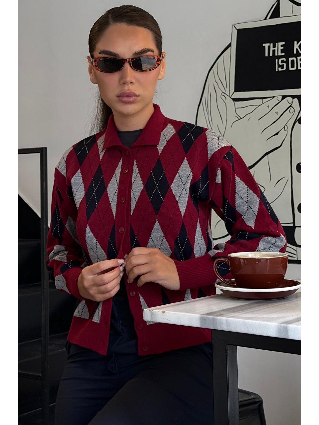 Bordo Baklava Desenli Polo Yaka Kadın Hırka Mg2478-3