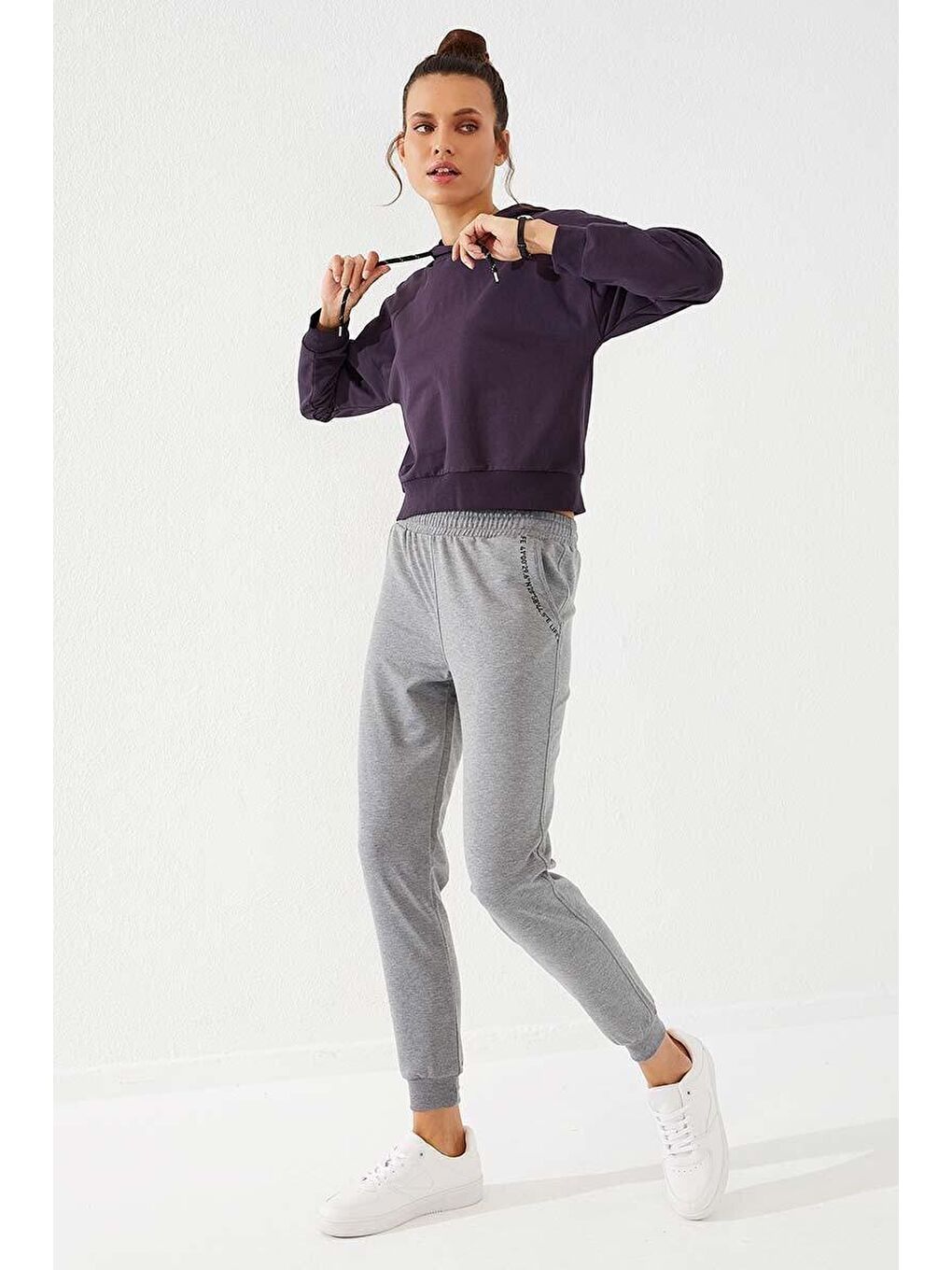 Gri Melanj Baskı Cepli Jogger Rahat Form Manşetli Kadın Eşofman Alt - 94574-4