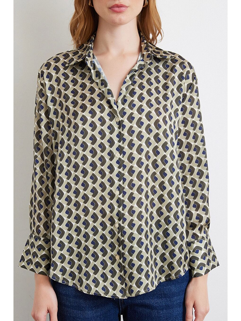 Geometrik Desenli Saten Gömlek Haki-2