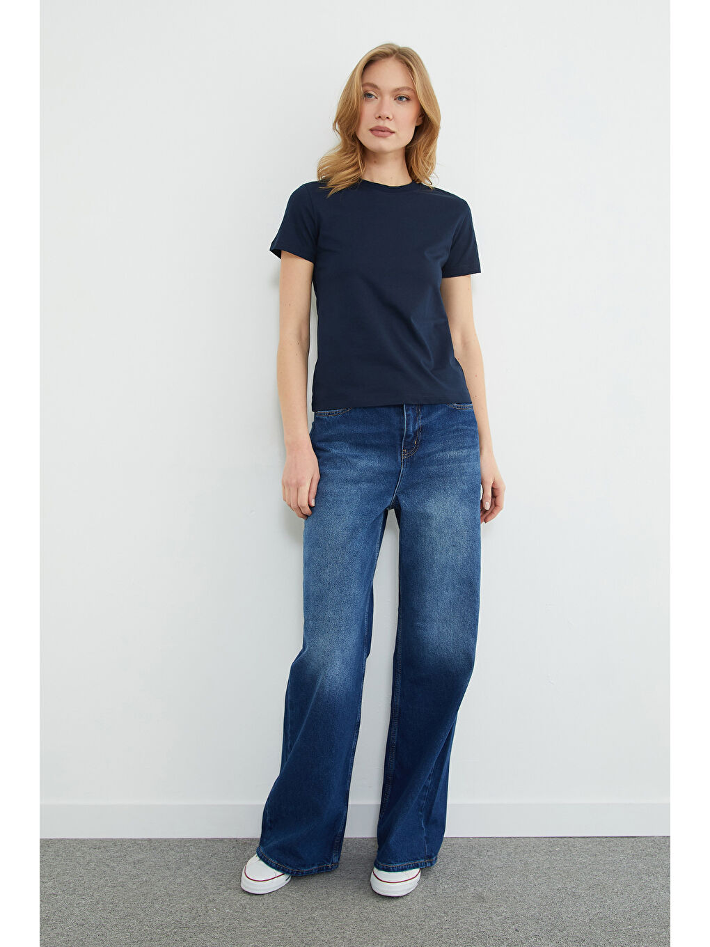 Lacivert Basic Bisiklet Yaka Tişört-3