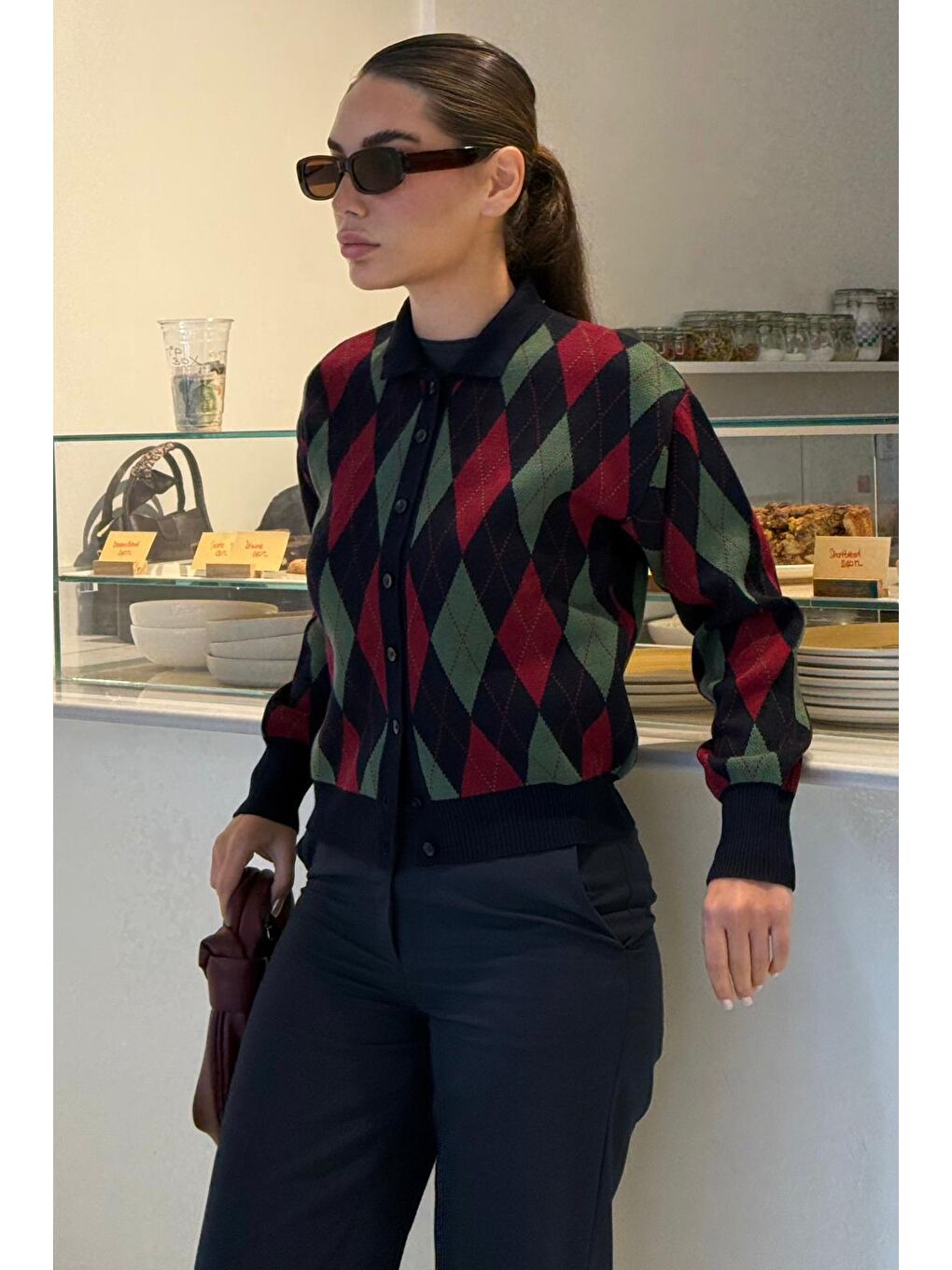 Lacivert Baklava Desenli Polo Yaka Kadın Hırka Mg2478-5