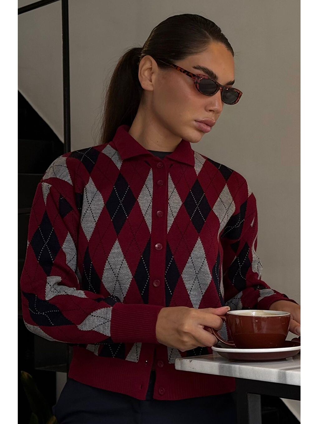 Bordo Baklava Desenli Polo Yaka Kadın Hırka Mg2478-4