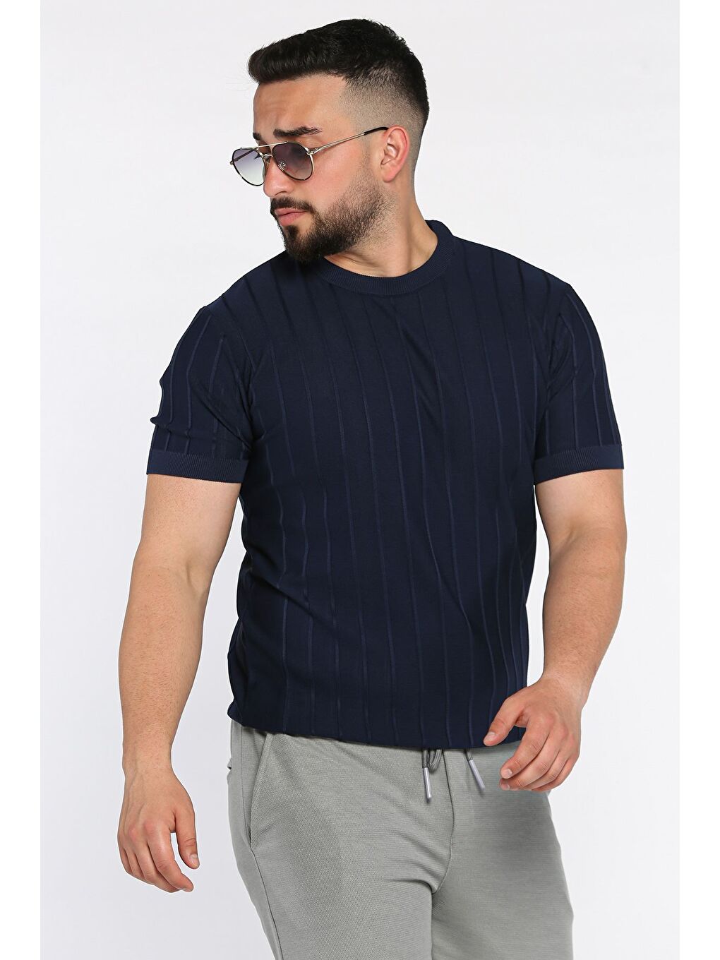 Lacivert Erkek Bisiklet Yaka Kendinden Çizgi Desenli Triko Tişört-1