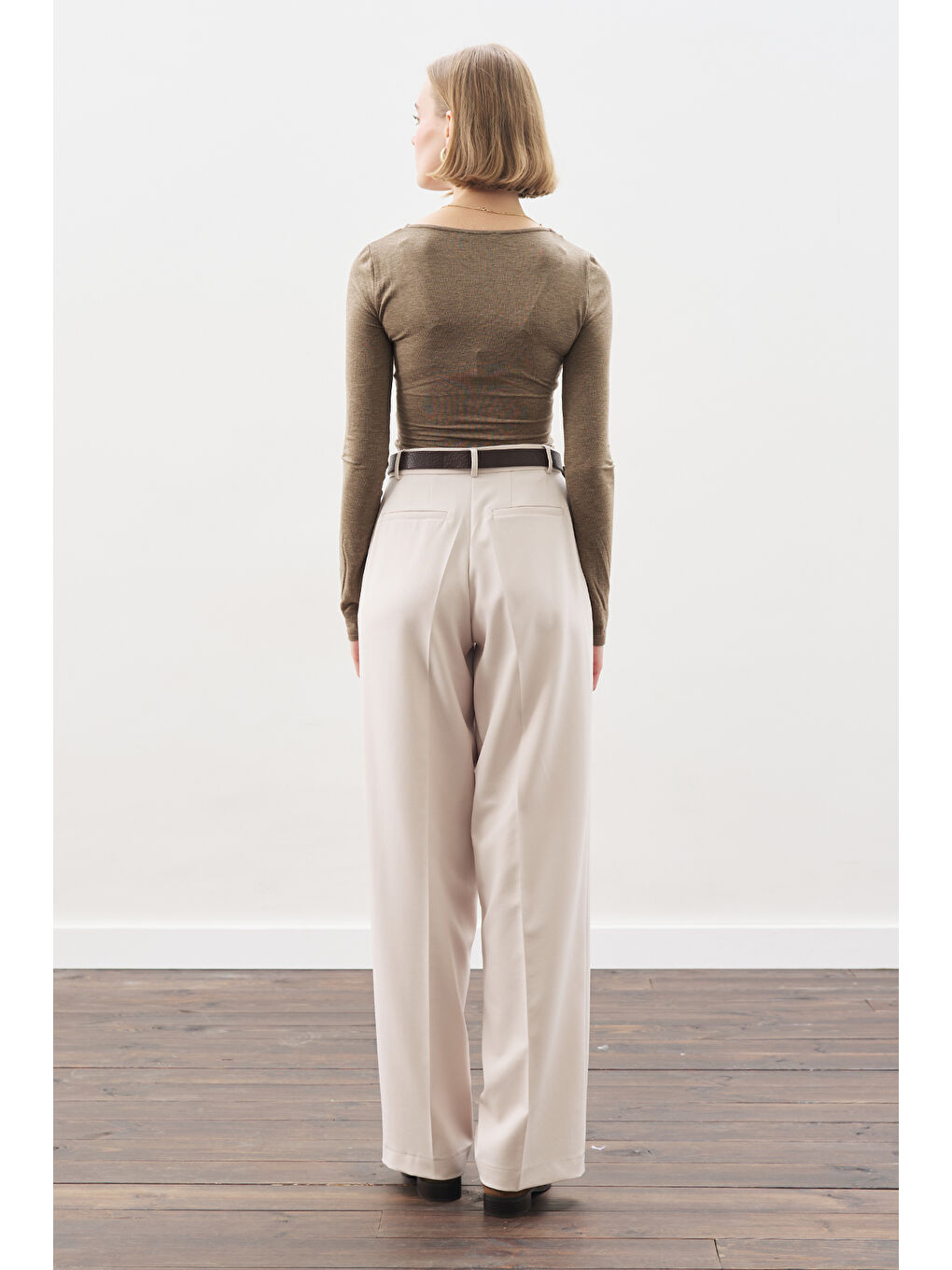 Uzun Paça Straıght Pantolon Bej-4