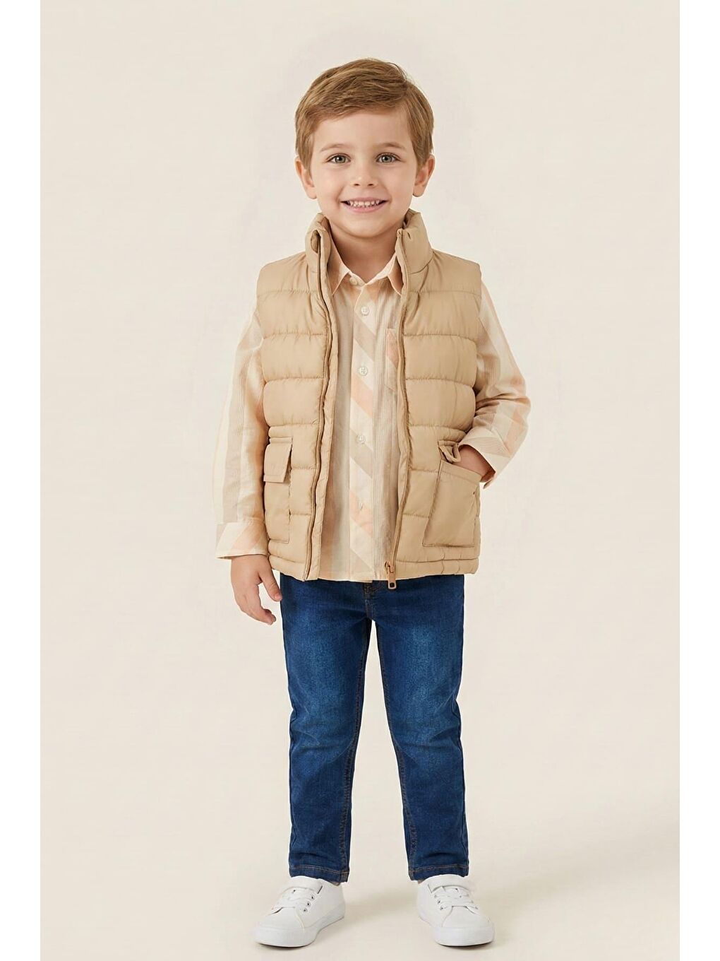 Bej Erkek Çocuk Yelekli 3'Lü Takım  - Beige-1