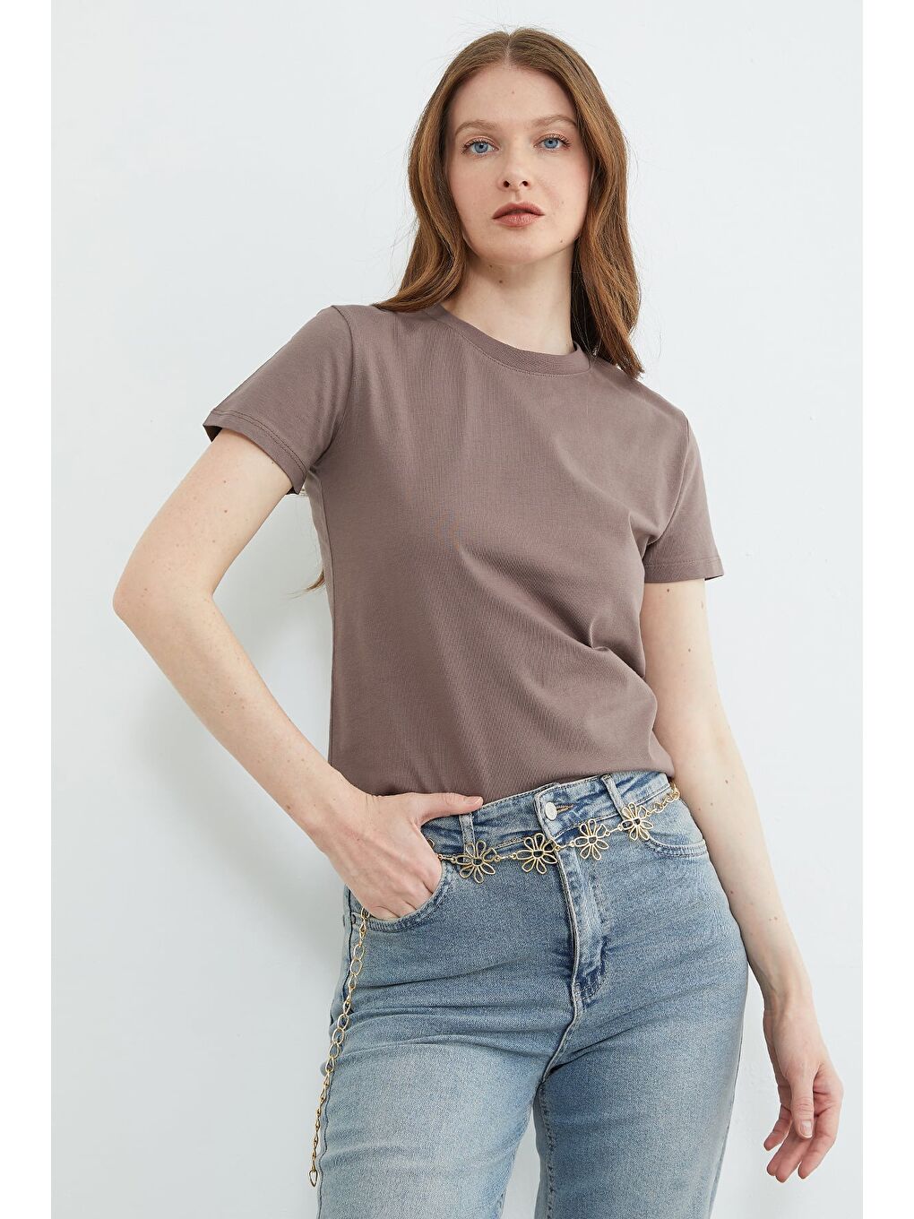 Kahverengi Basic Bisiklet Yaka Tişört-1