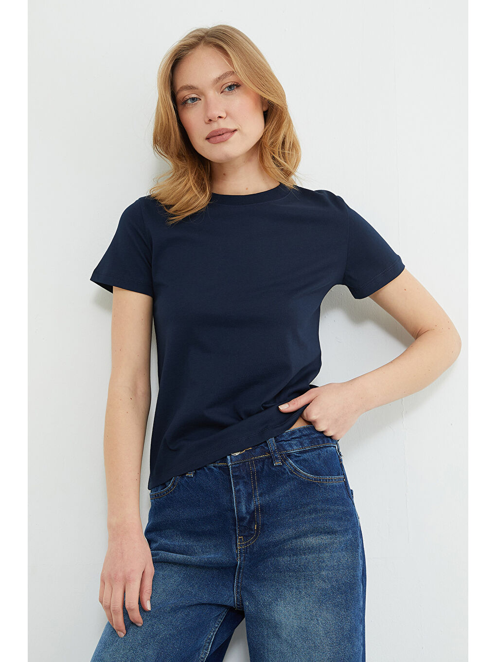 Lacivert Basic Bisiklet Yaka Tişört-4