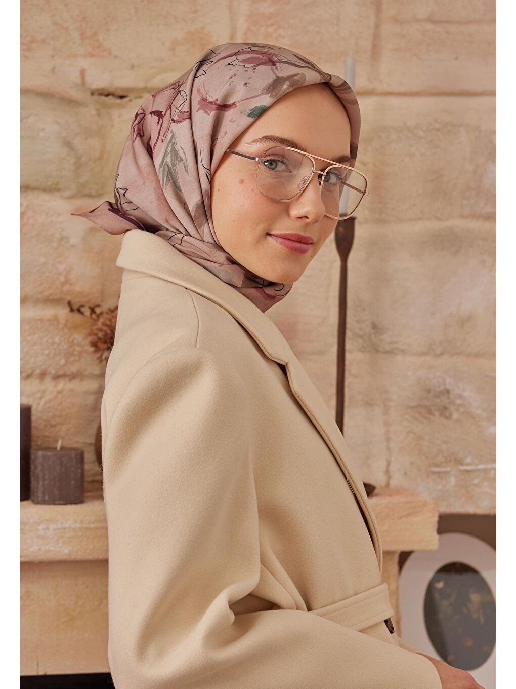 Pembe Hera Desen Pamuk İpek Eşarp Gülpembe-1