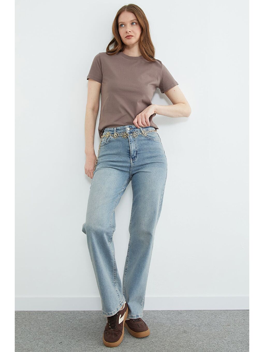 Kahverengi Basic Bisiklet Yaka Tişört-2