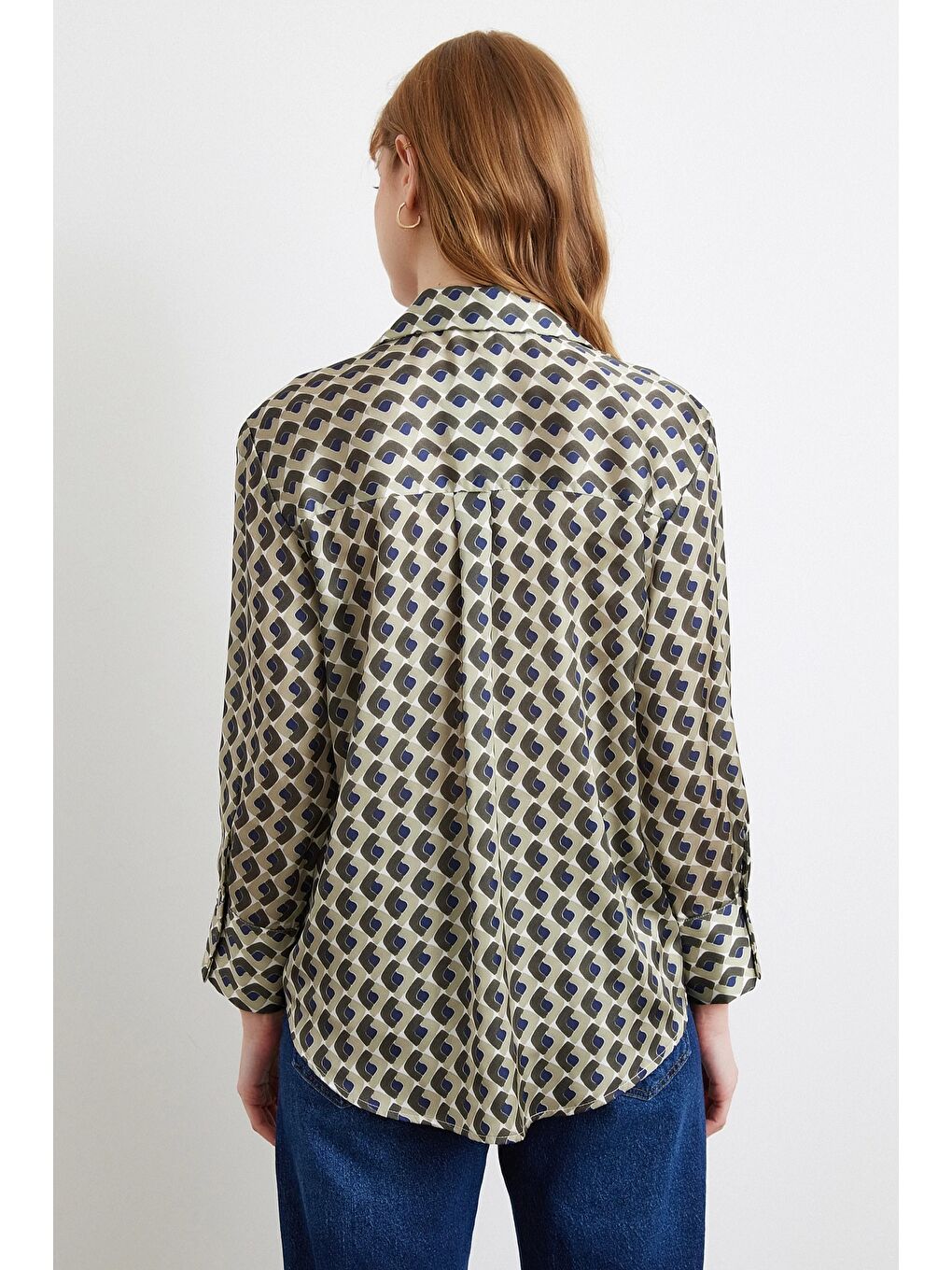 Geometrik Desenli Saten Gömlek Haki-4