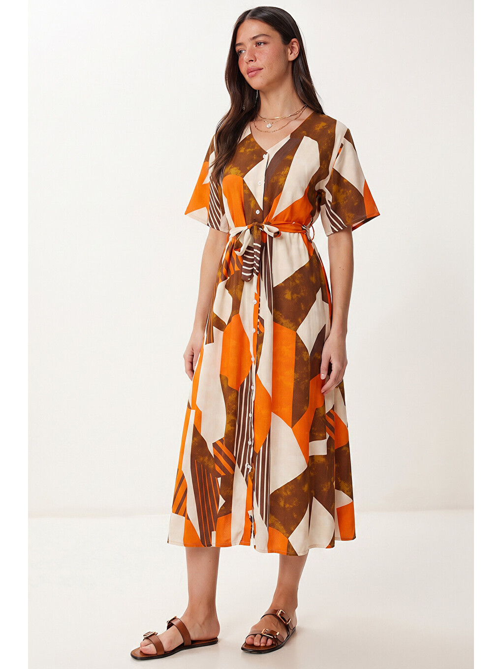 Turuncu Desenli Kuşaklı Viskon Gömlek Elbise ORANJ TABA LRN0046-1