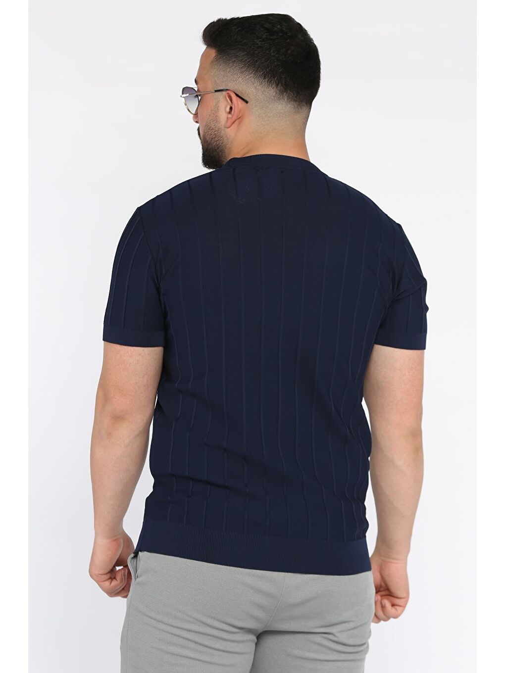 Lacivert Erkek Bisiklet Yaka Kendinden Çizgi Desenli Triko Tişört-2