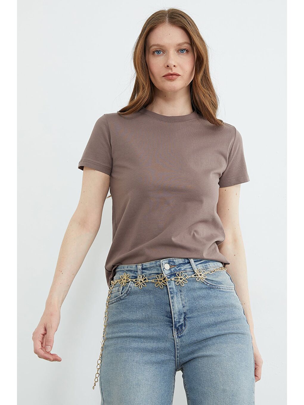 Kahverengi Basic Bisiklet Yaka Tişört-3