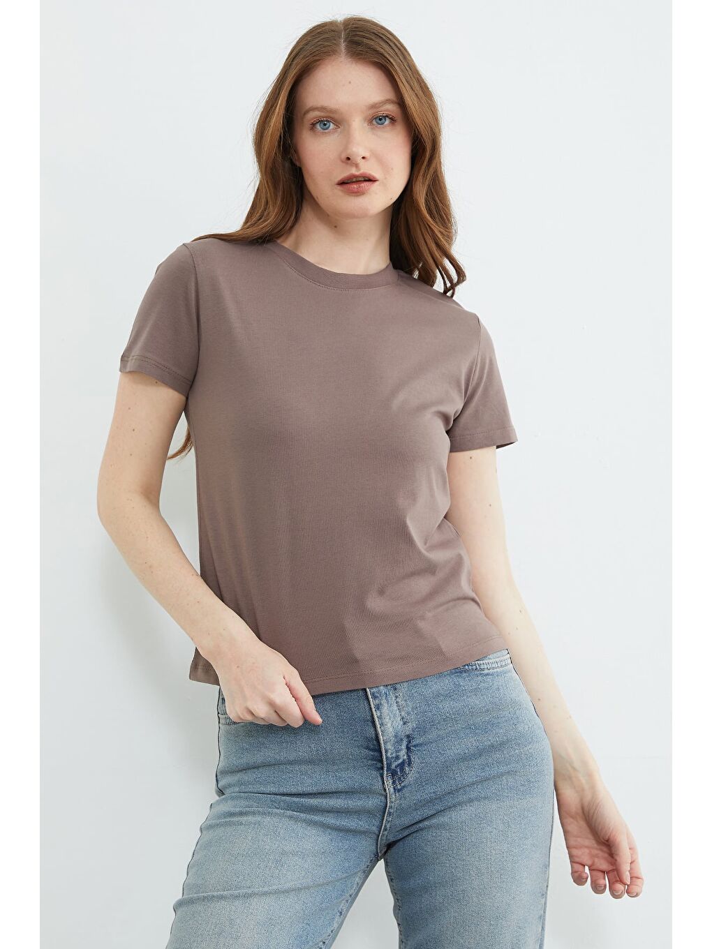 Kahverengi Basic Bisiklet Yaka Tişört-4