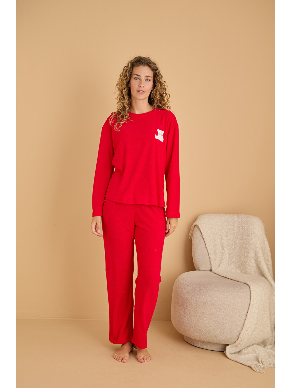 Kırmızı Nakışlı Havlu Kumaş Örme Pijama Takım25226007-1