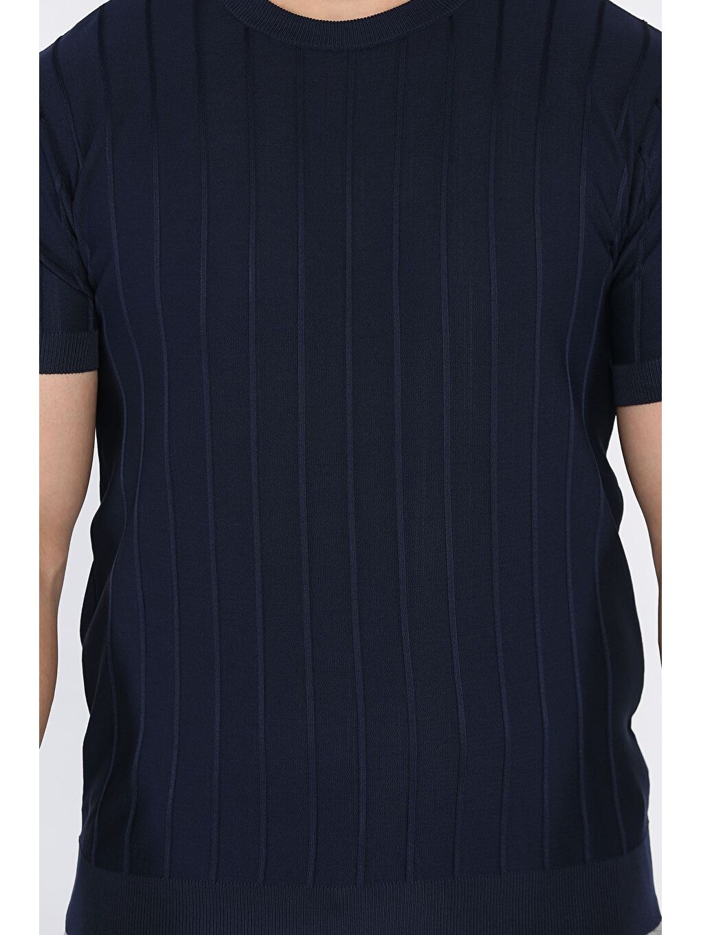 Lacivert Erkek Bisiklet Yaka Kendinden Çizgi Desenli Triko Tişört-3