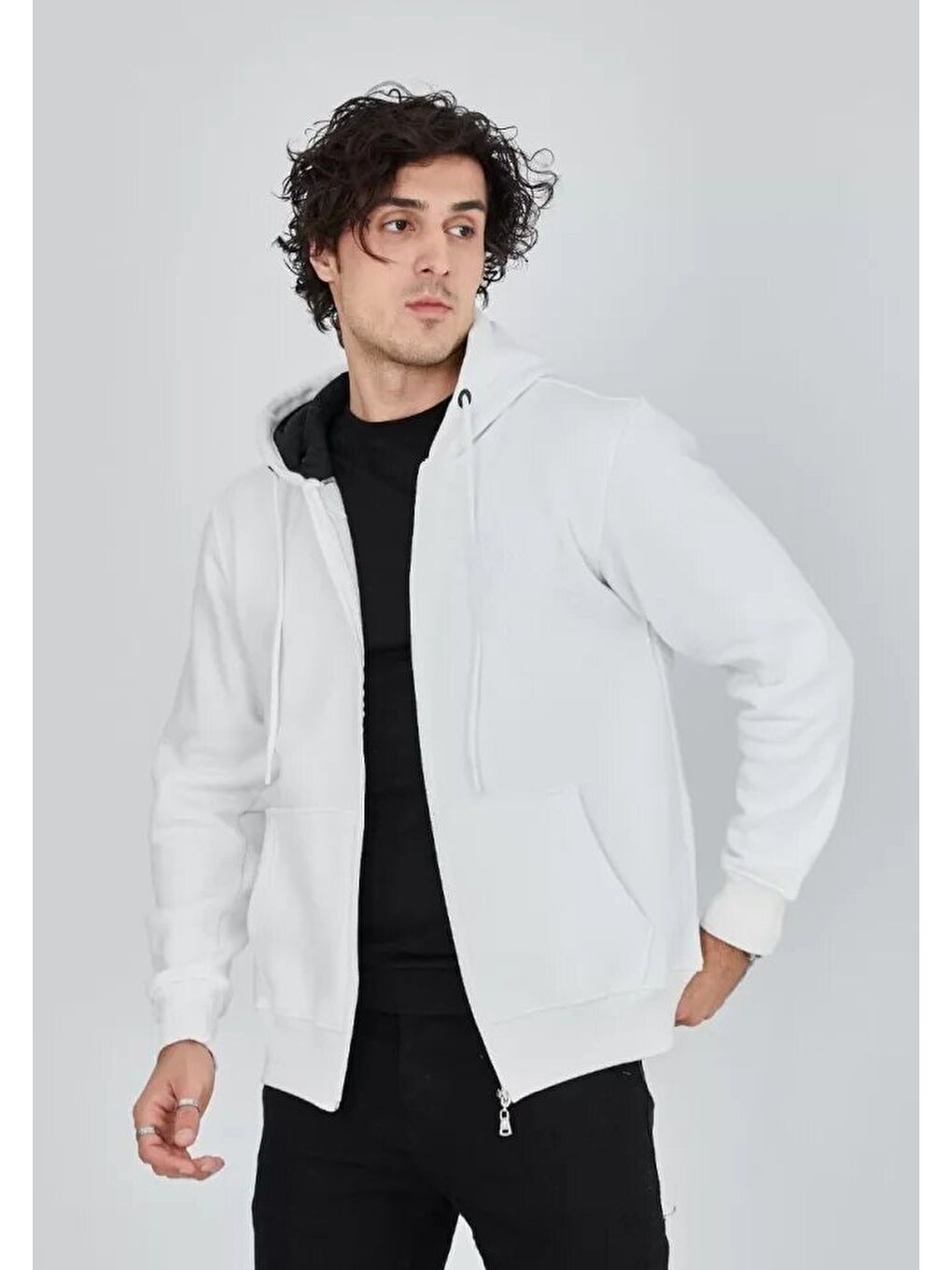 Unisex Tam Fermuarlı Kapşonlu  SweatShirt - Beyaz-2