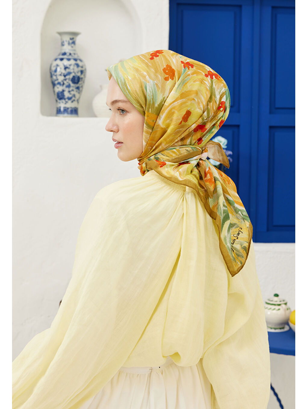 Summer Sunset Desen Pamuk Vual Eşarp Turuncu-1