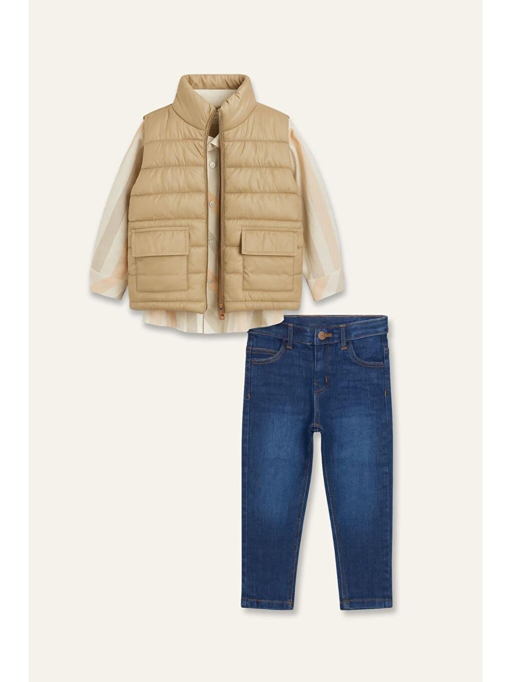 Bej Erkek Çocuk Yelekli 3'Lü Takım  - Beige-3