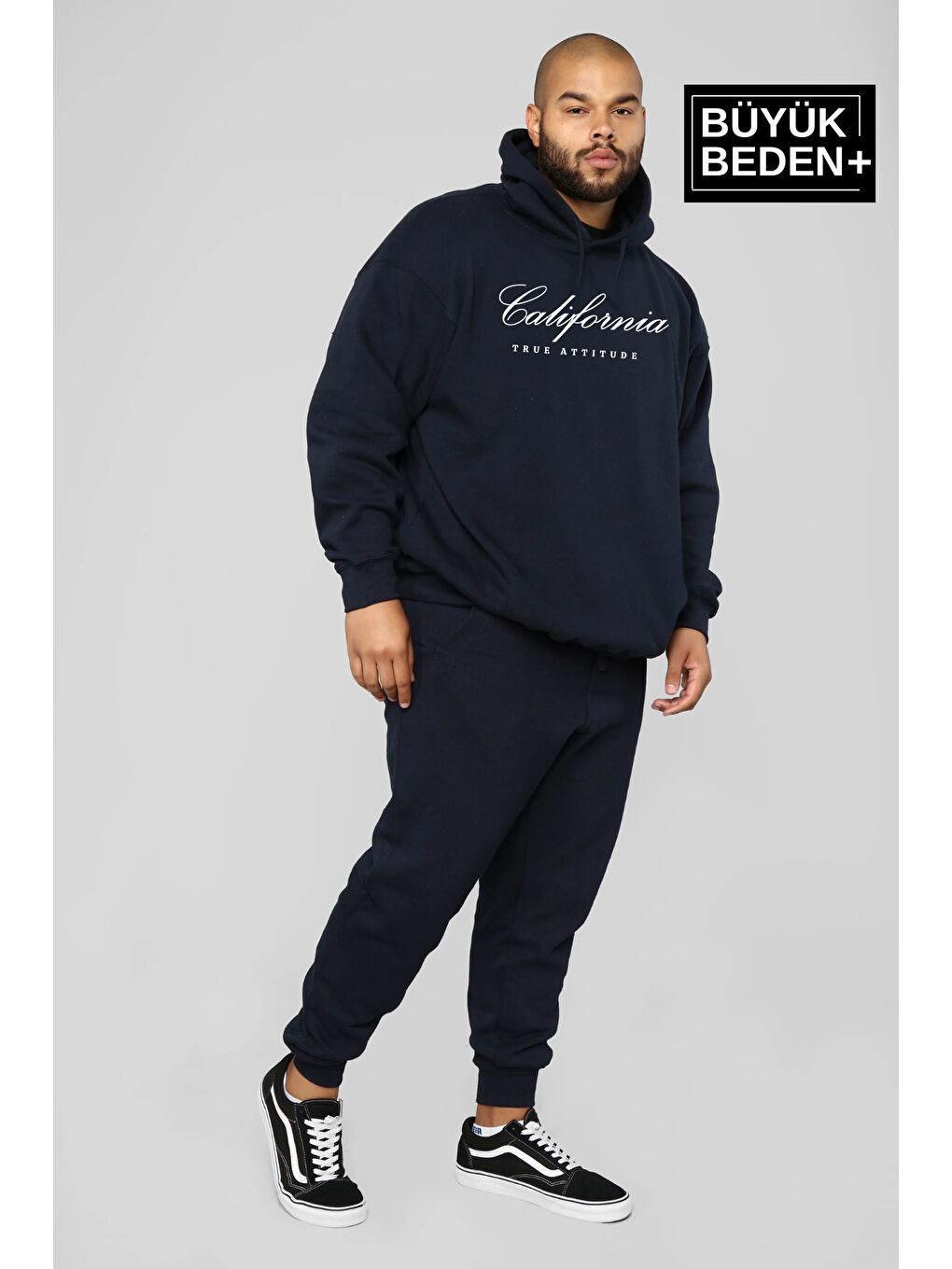 Lacivert El Yazılı California Baskılı  İnce Kapüşonlu Erkek Büyük Beden Hoodie SPR25BSW62-1