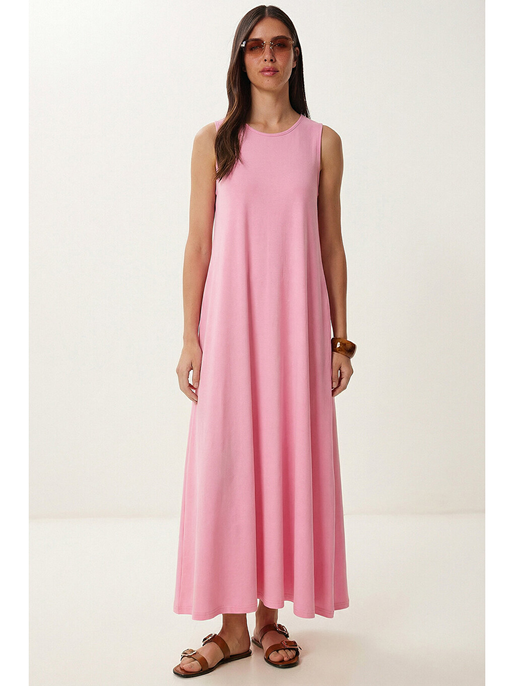 Pembe Cepli Yazlık Örme Elbise PEMBE LRN0032-1