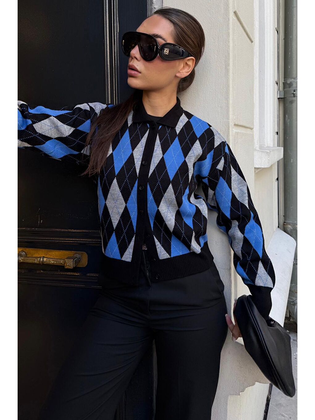 Siyah Baklava Desenli Polo Yaka Kadın Hırka Mg2478-1