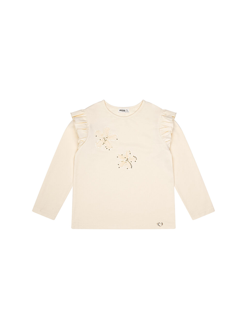 Ekru Çiçek Nakışlı Omuz Fırfırlı Uzun Kollu Tshirt-1