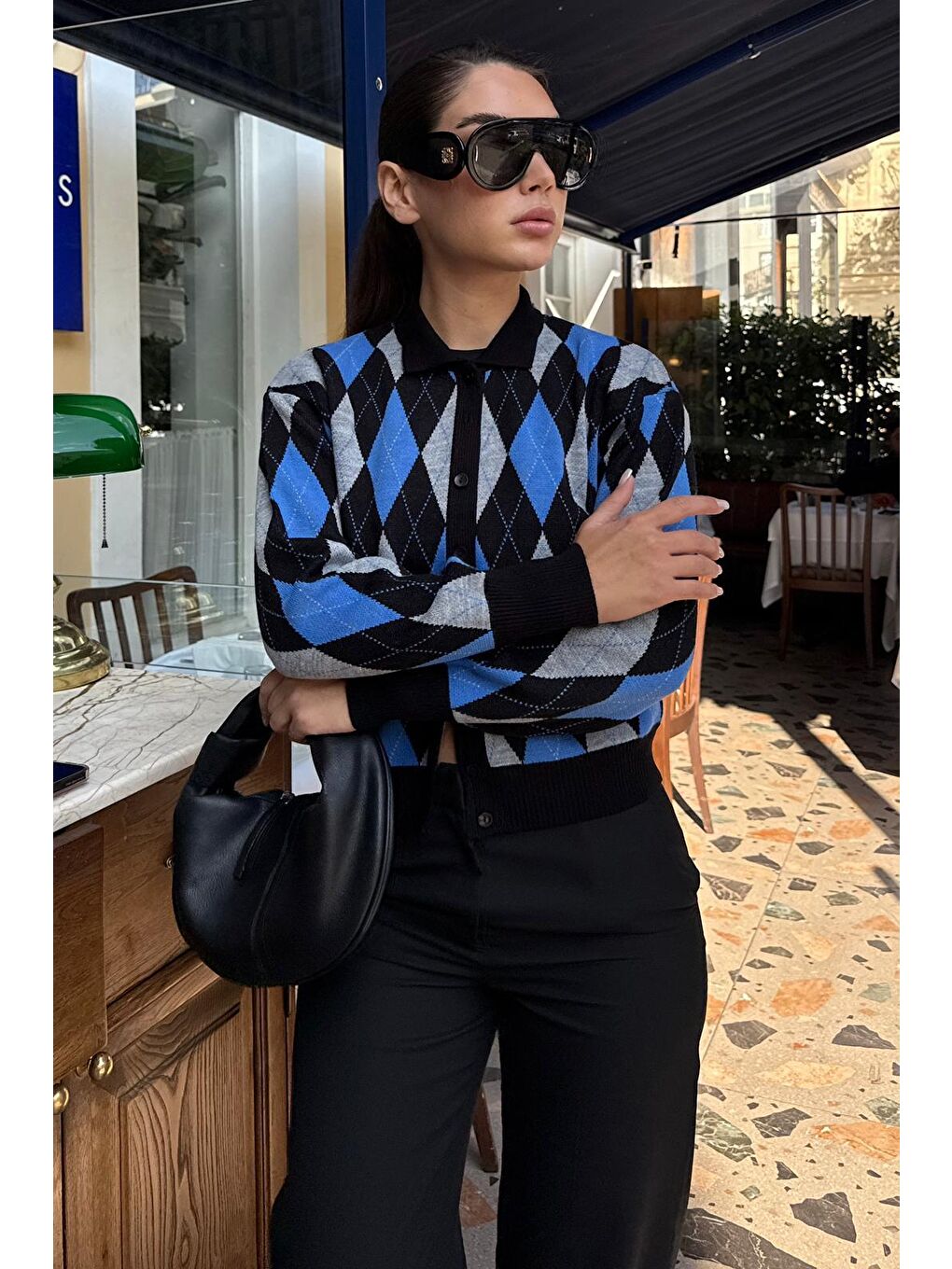 Siyah Baklava Desenli Polo Yaka Kadın Hırka Mg2478-2