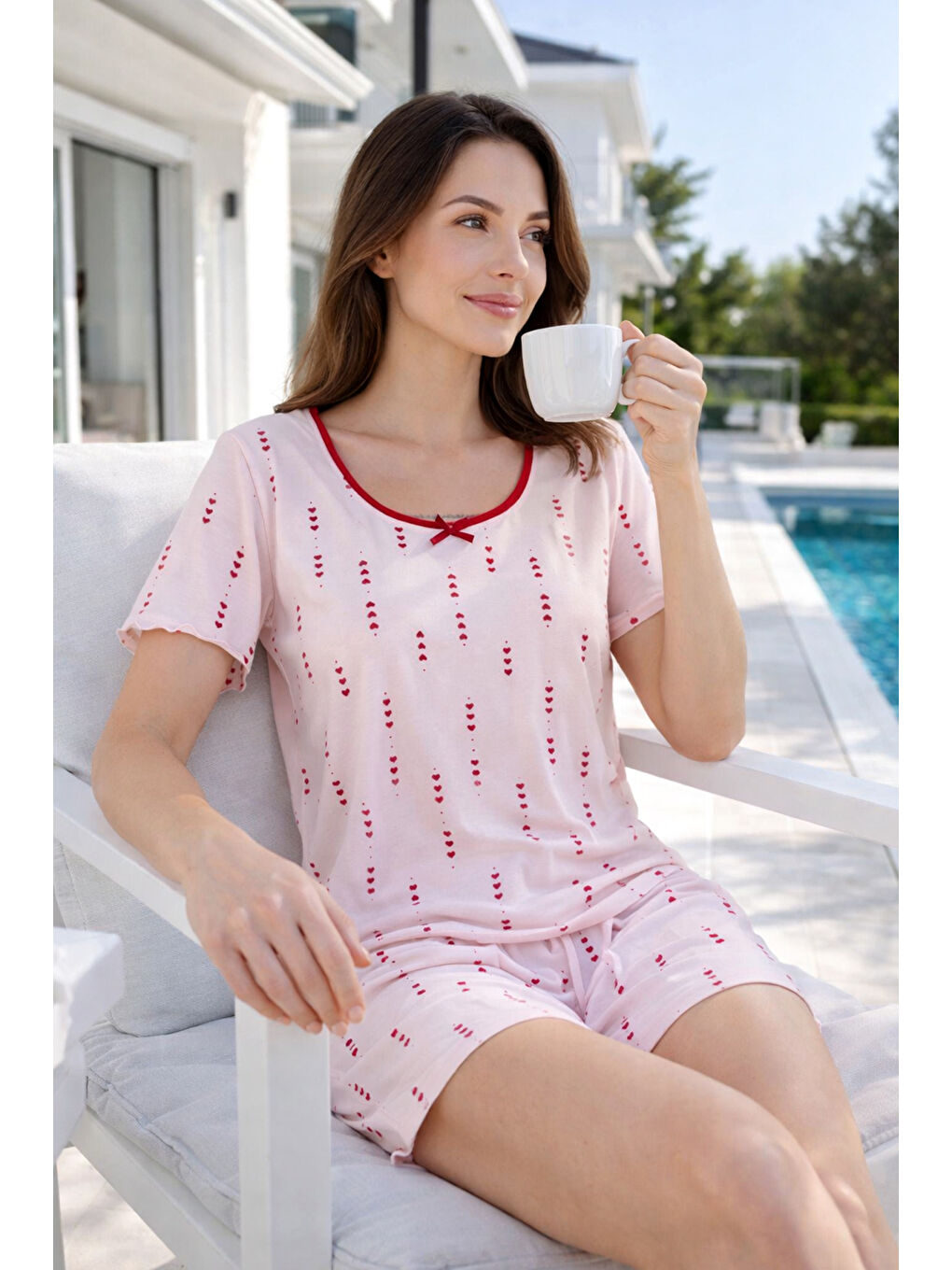 Pembe Kadın Kısa Kol Milan Kumaş Şortlu Pijama Takımı 50122-2186 Somon02-1