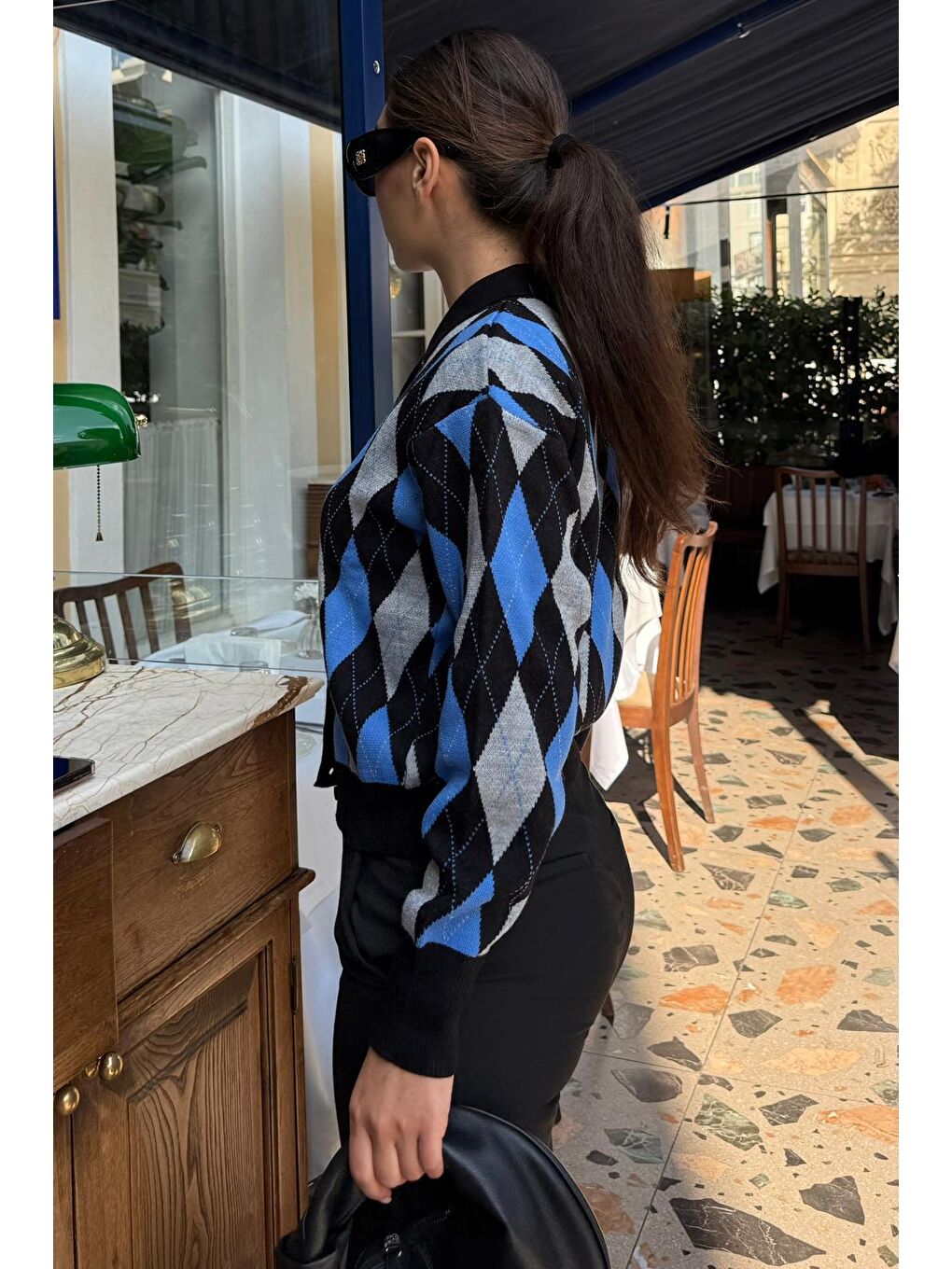 Siyah Baklava Desenli Polo Yaka Kadın Hırka Mg2478-3