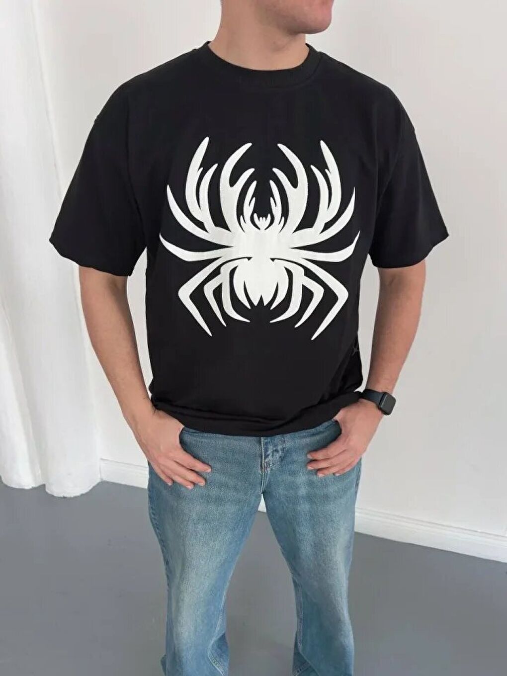 Siyah Erkek Örümcek Baskılı Tişört Kısa Kollu Bisiklet Yaka Tişört-2
